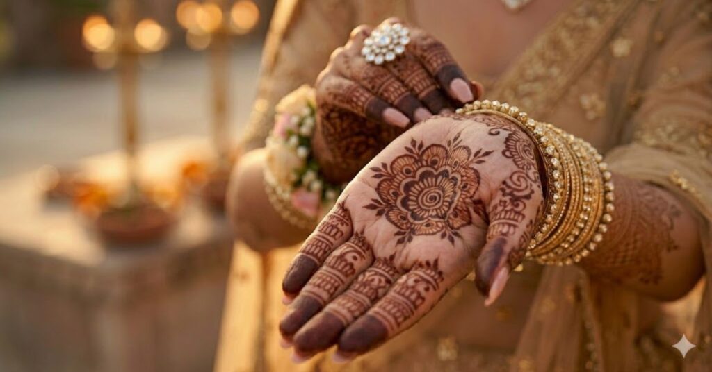 Close-up bridal mehndi hand photography highlighting intricate henna details and elegant finger designs in soft natural lighting.