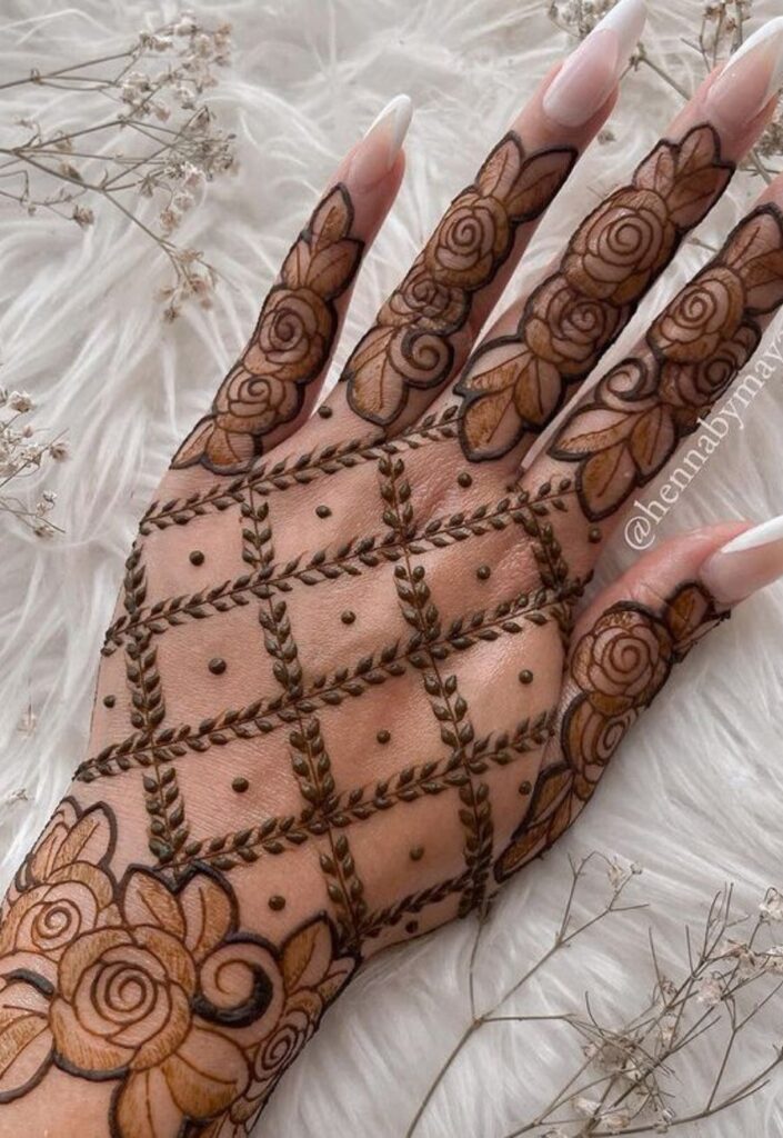 Contemporary mesh Dubai Arabic Mehendi Design with net pattern detailing.