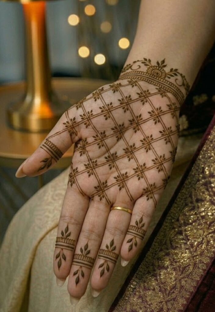 Contemporary mesh Dubai Arabic Mehendi Design with net pattern detailing.