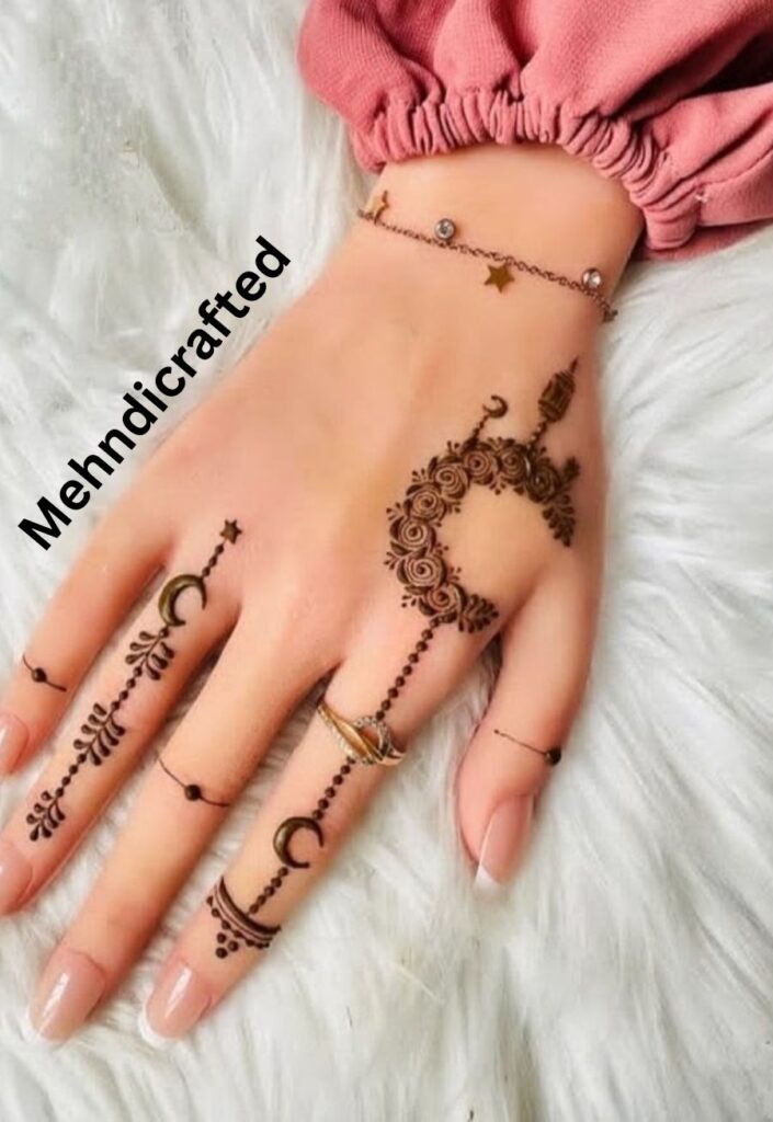 crescent moon mehndi design Eid ul Adha 2026 festive Islamic henna inspiration stars pattern