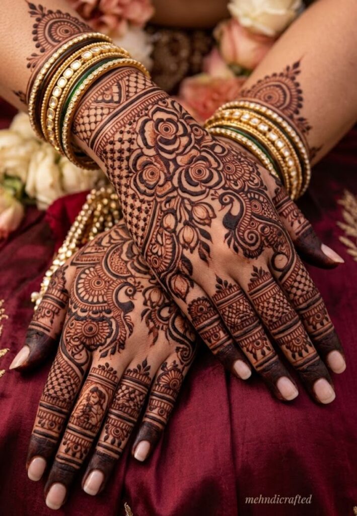 Dark stain bridal mehndi design with bold floral patterns