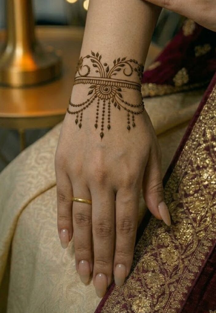 Geometric Gulf Style Mehendi mandala design with symmetrical patterns.