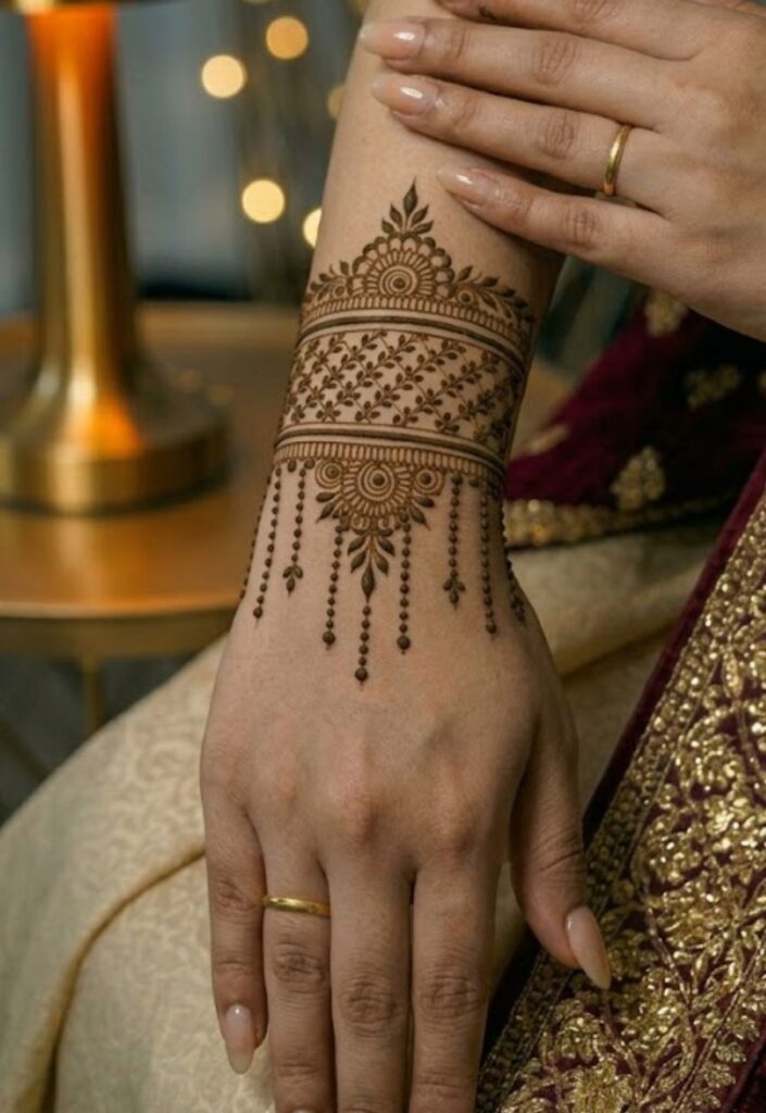 Geometric Gulf Style Mehendi mandala design with symmetrical patterns.
