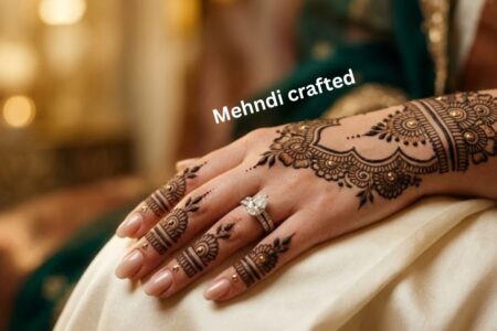 Elegant Dubai Mehendi Design on bridal hand with modern Arabic floral patterns and luxury aesthetic styling.