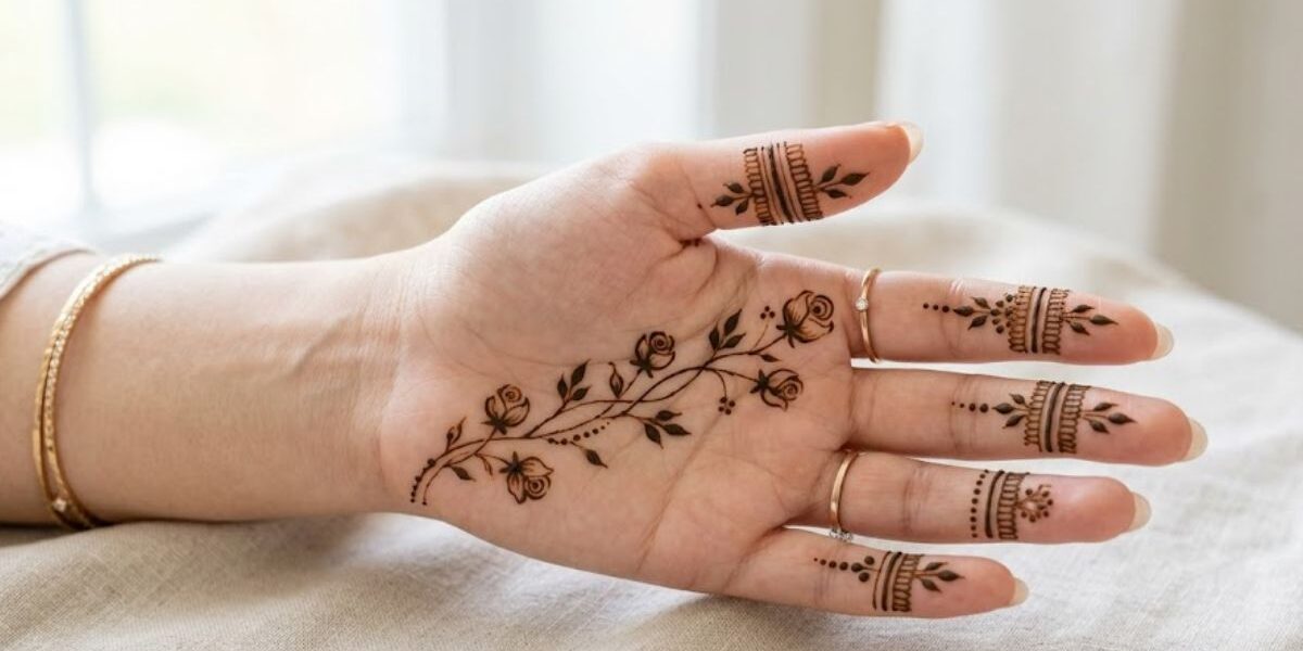 Simple front hand mehndi design with delicate floral details