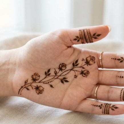 Simple front hand mehndi design with delicate floral details