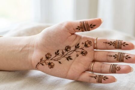 Simple front hand mehndi design with delicate floral details