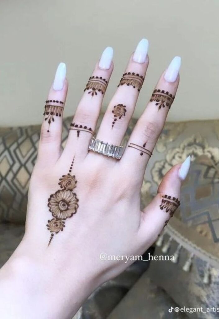 Simple and easy Eid mehndi design for beginners featuring minimal floral patterns, clean lines, and light henna detailing on the hands.