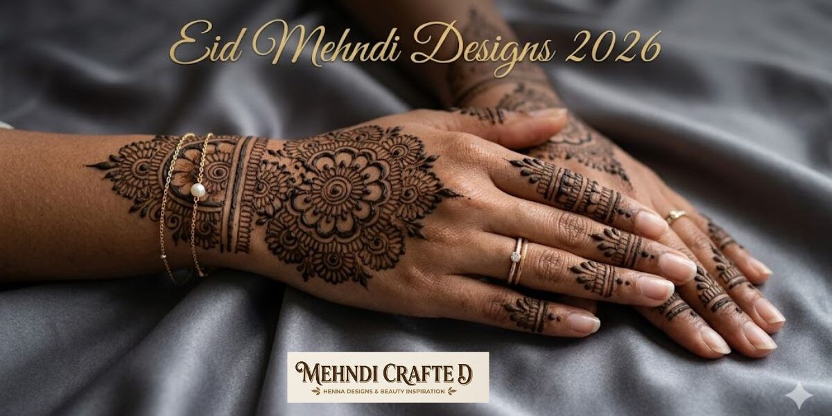 Eid Mehndi Designs 2026 featuring elegant Indo-Arabic fusion henna on female hands with floral mandala patterns on grey silk background