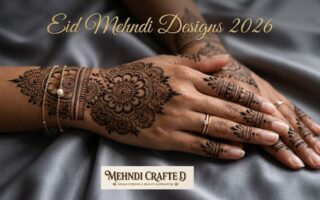 Eid Mehndi Designs 2026 featuring elegant Indo-Arabic fusion henna on female hands with floral mandala patterns on grey silk background