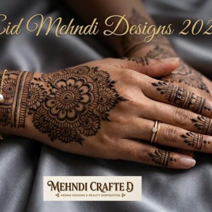 Eid Mehndi Designs 2026 featuring elegant Indo-Arabic fusion henna on female hands with floral mandala patterns on grey silk background