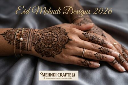 Eid Mehndi Designs 2026 featuring elegant Indo-Arabic fusion henna on female hands with floral mandala patterns on grey silk background