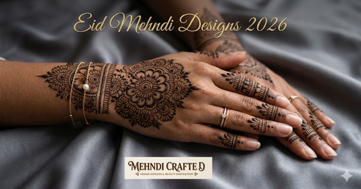 Eid Mehndi Designs 2026 featuring elegant Indo-Arabic fusion henna on female hands with floral mandala patterns on grey silk background