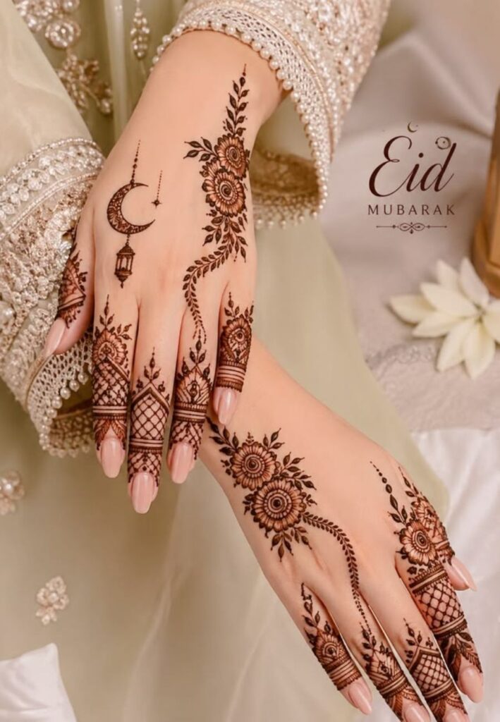 Eid crescent moon mehndi design with stars and minimal festive pattern