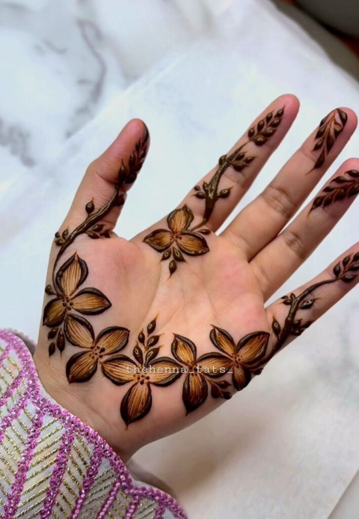 Elegant side palm Dubai Mehendi Design with flowing floral trail.