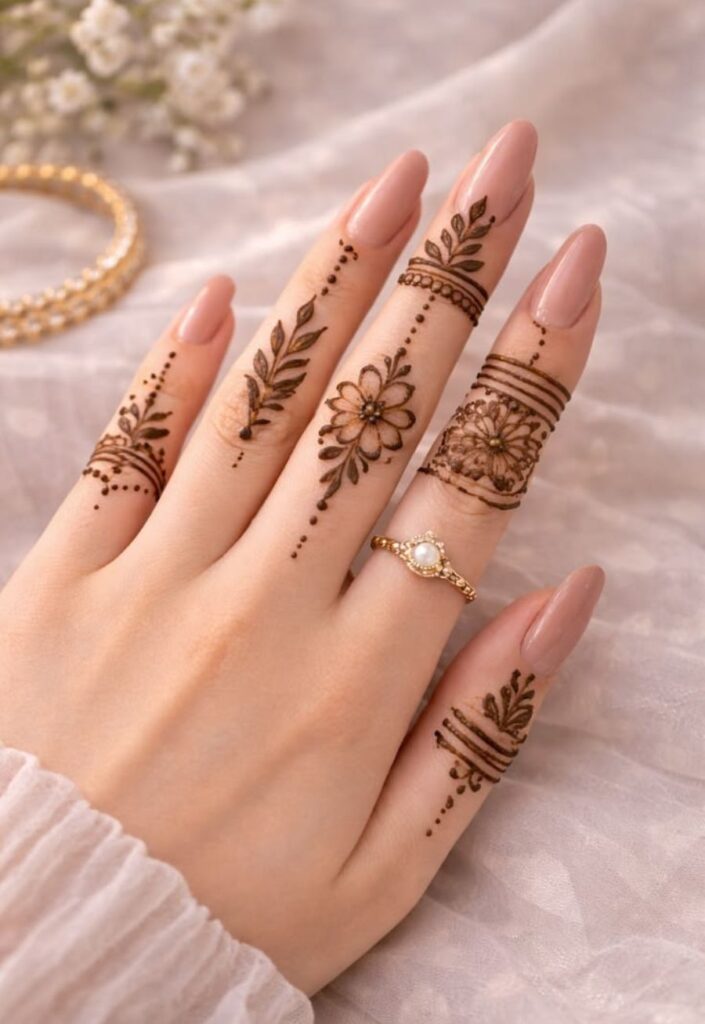 Close-up finger-focused mehndi design featuring intricate henna patterns applied mainly on fingers with delicate lines, floral motifs, and detailed fingertip decoration.