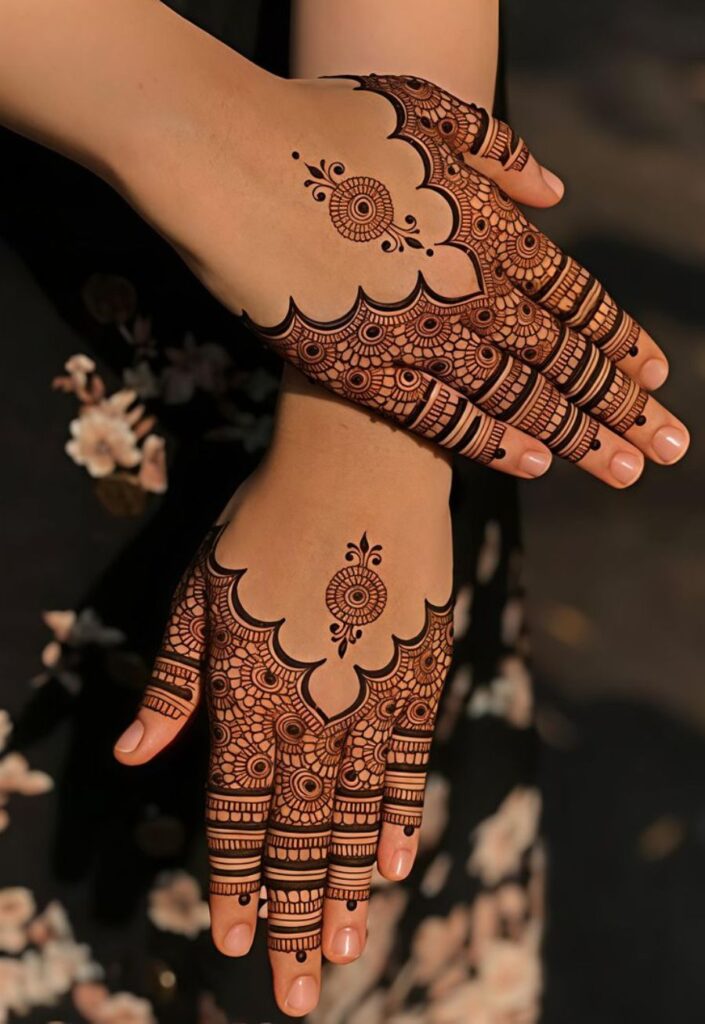 Minimal finger-focused mehrab mehndi design featuring repeated arch details and stylish modern henna patterns