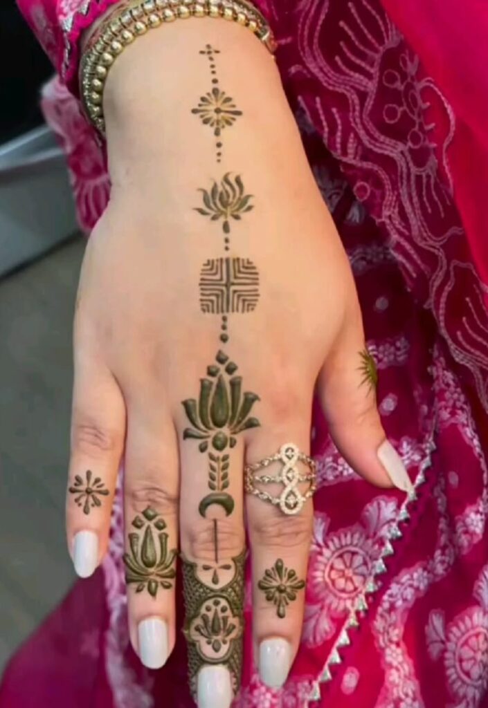 Finger lotus chain mehndi design 2026 with connected floral kamal motifs across fingers in aesthetic modern style