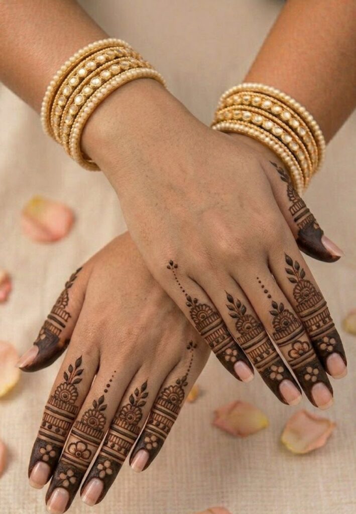 Fingertip heavy mehndi design with modern Arabic details