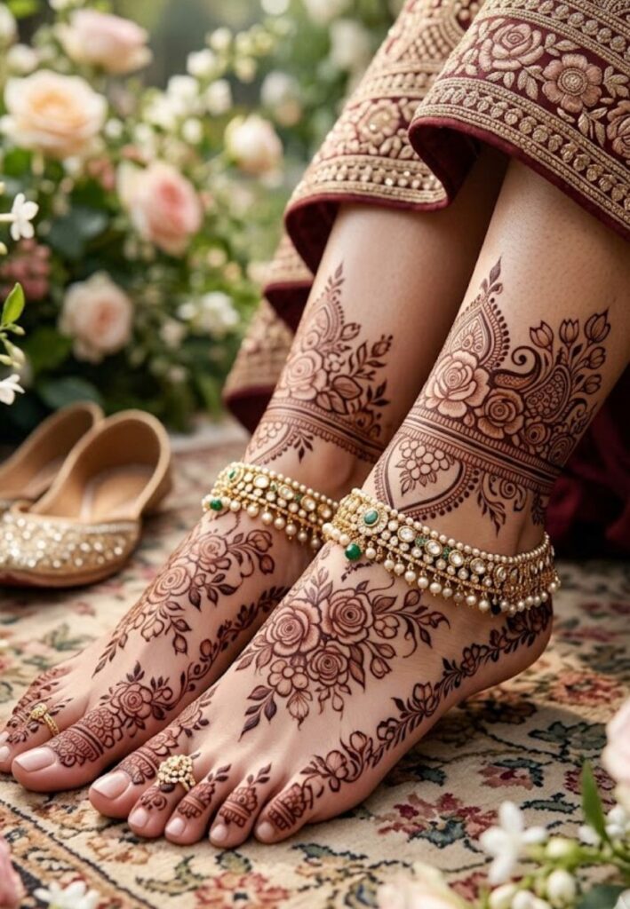 Floral garden bridal mehndi design on feet with elegant floral patterns from toes to ankle