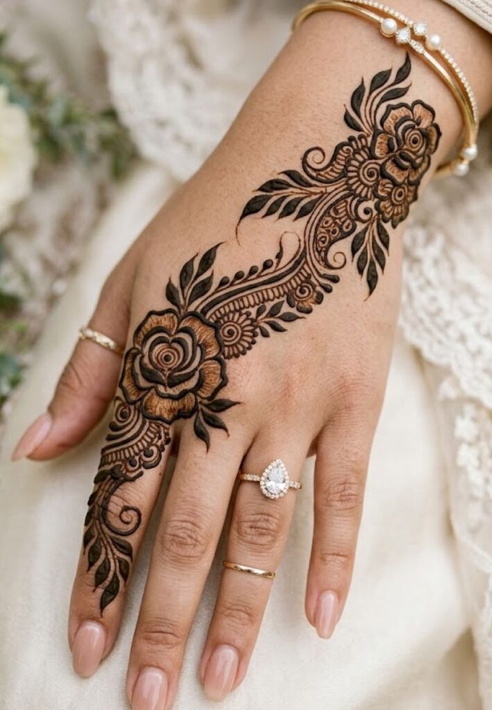 Floral Arabic mehndi design with roses and leafy vines for bridesmaids