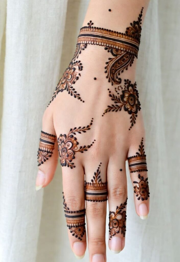 Floral back hand mehndi patterns with elegant henna vines, roses, and leafy detailing spread across the hand in a balanced, stylish bridal design.