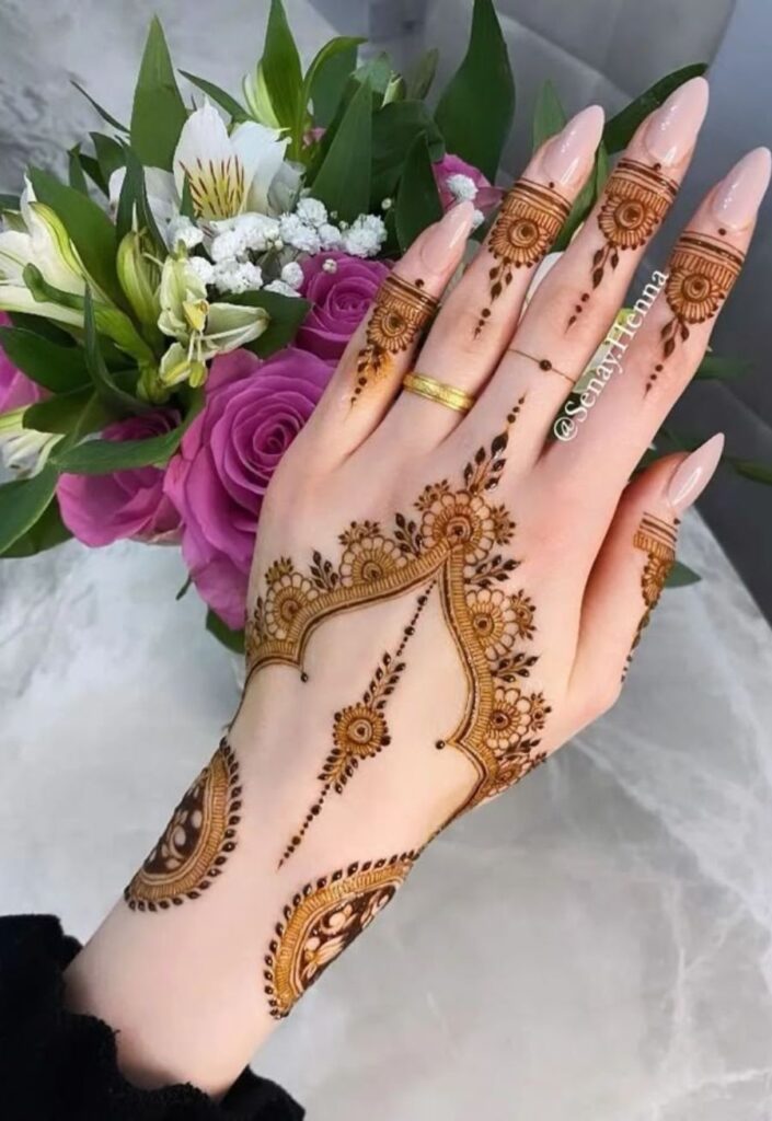 Romantic floral dome mehrab mehndi design with soft flower detailing and elegant curved henna artwork for brides