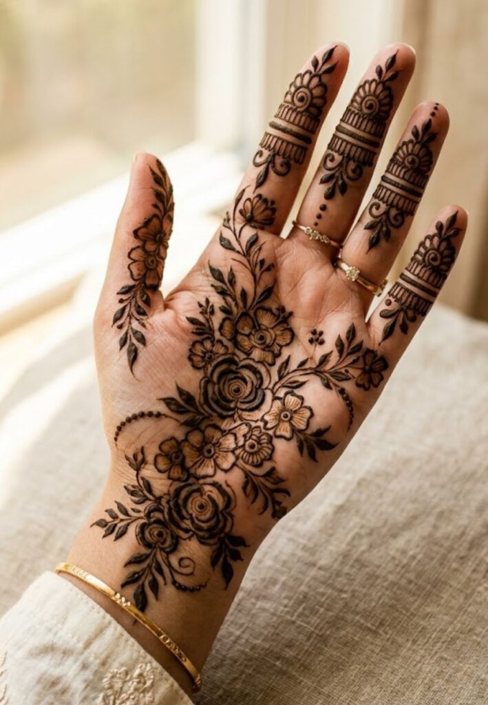 Floral front hand mehndi design with rose and leaf patterns