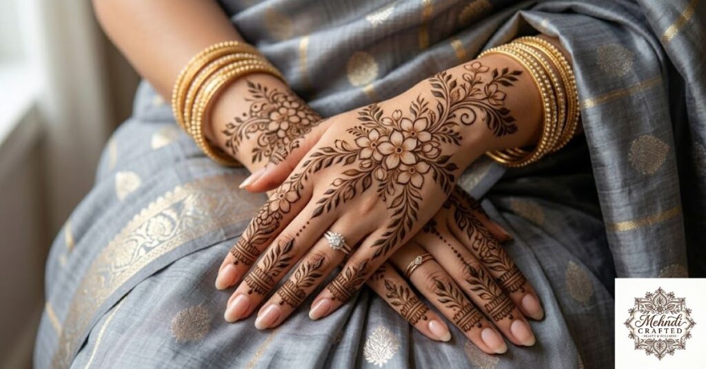 Floral Bangladeshi mehndi inspired by natural flower patterns
