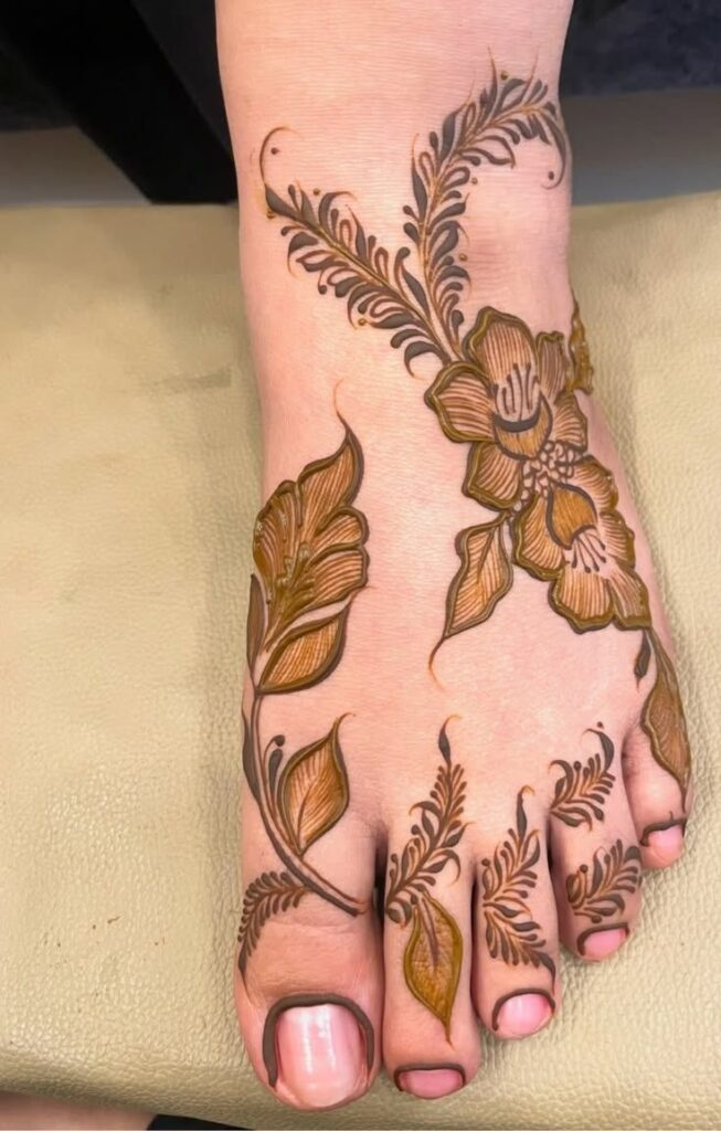 “Intricate Arabic henna design for feet with decorative motifs”