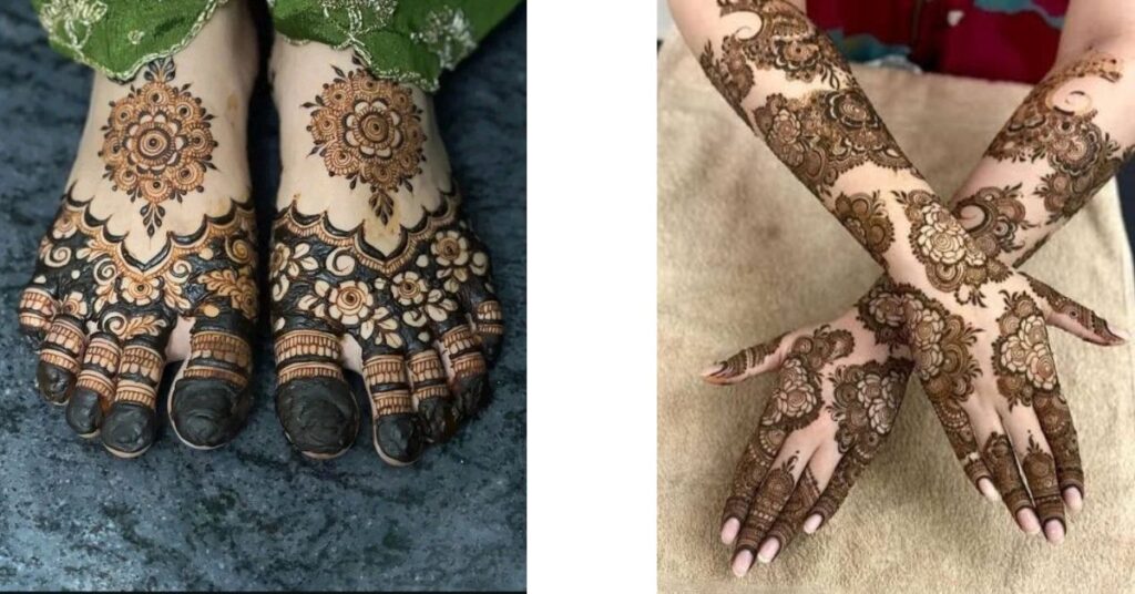 Foot mehndi and arm trends 2026 featuring elegant henna designs on feet and arms with anklet-style patterns, floral motifs, and modern bridal-inspired detailing in traditional and contemporary mehndi styles.