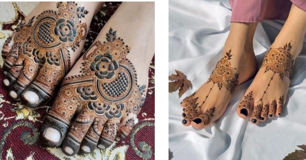 Stylish foot mehndi trends featuring elegant floral vines, anklet-style patterns, geometric motifs, and mandala-inspired designs beautifully decorating feet and toes in a modern traditional henna art style.
