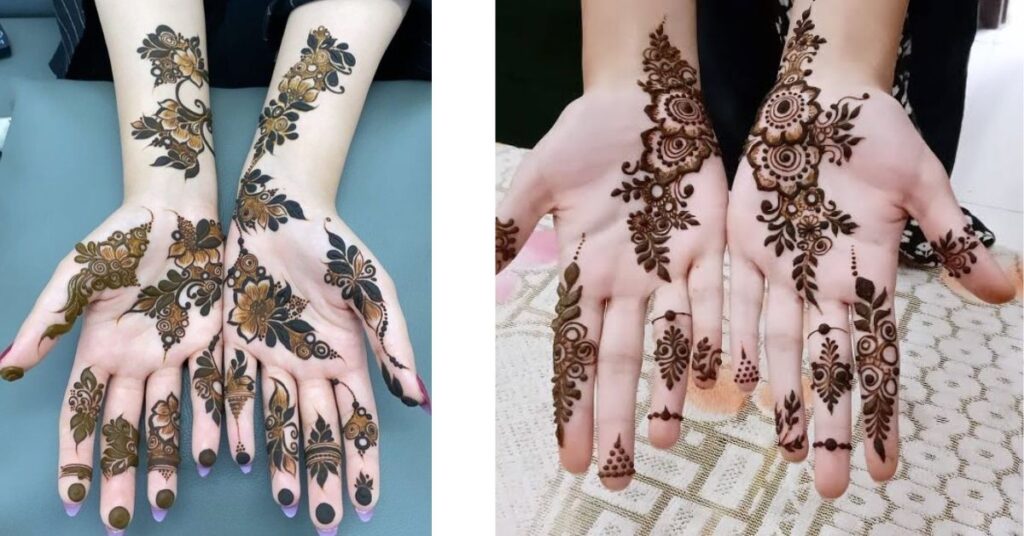 Elegant front hand mehndi design featuring floral patterns, delicate vines, and intricate traditional henna detailing covering fingers and palm in a stylish symmetrical layout.