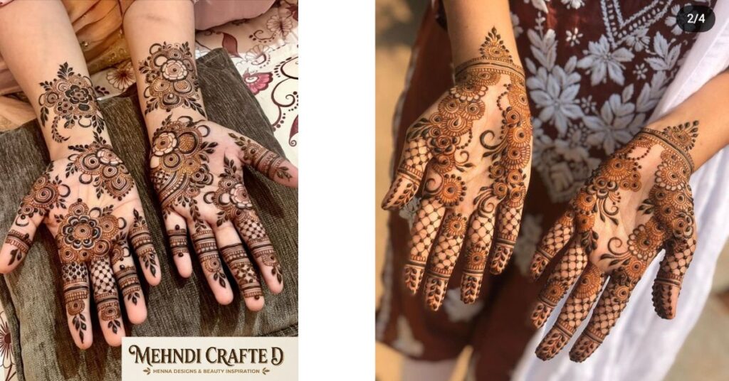 Front hand Eid Mehndi Designs 2026 with floral mandala and detailed finger henna patterns