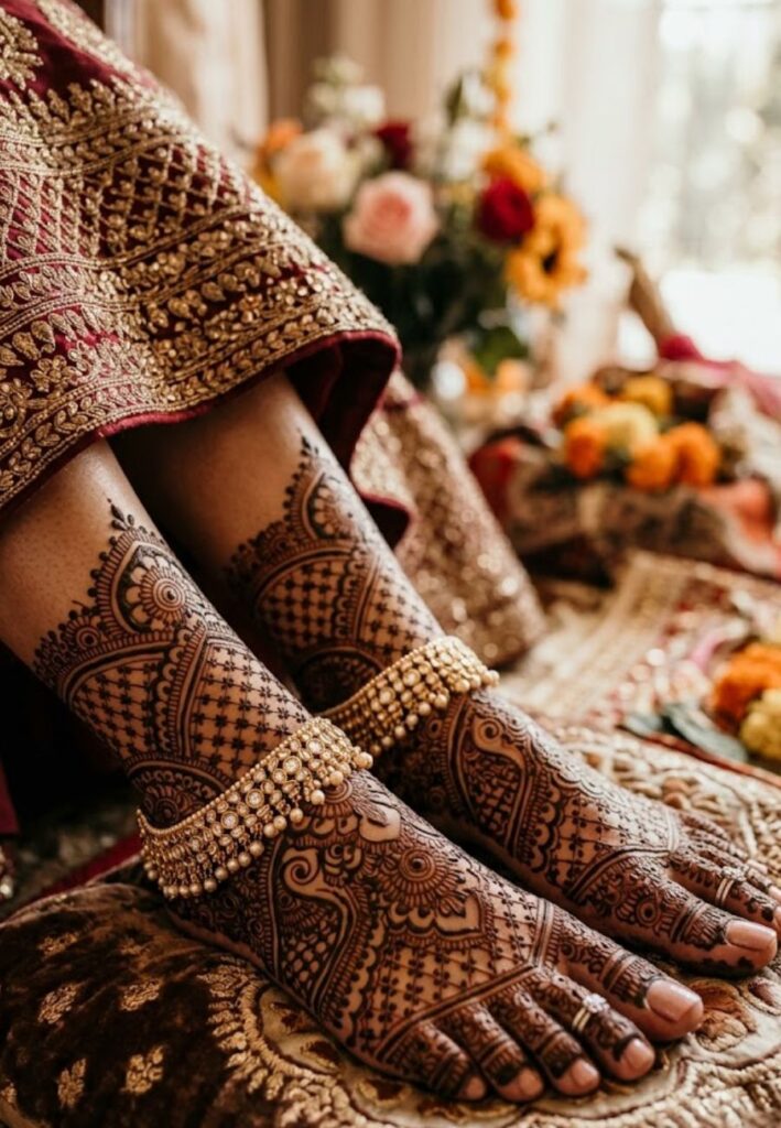 Full coverage bridal feet mehndi design with dense traditional patterns