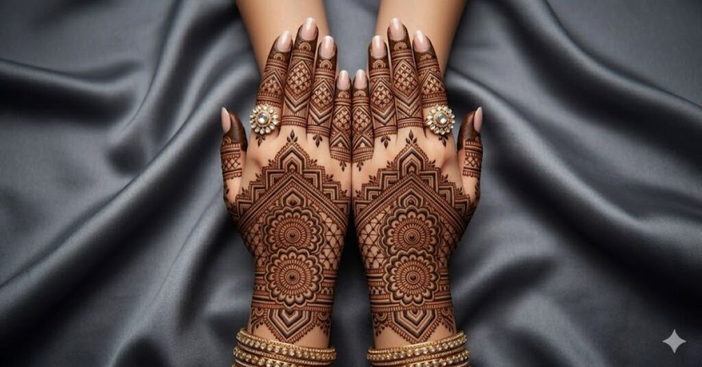 Geometric fusion bridal mehndi design with mandala and bracelet patterns