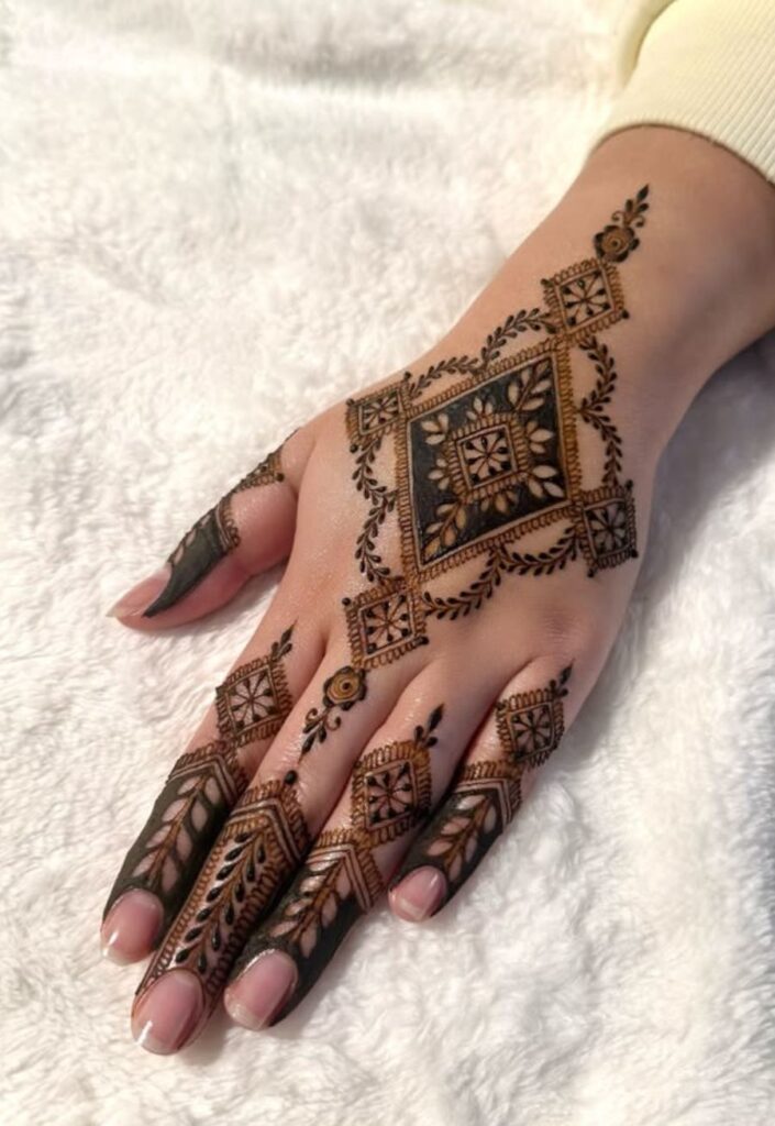Geometric Gulf Style Mehendi mandala design with symmetrical patterns.