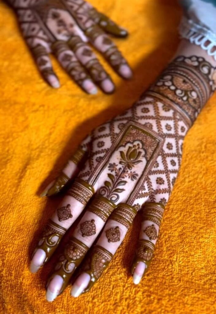 Modern geometric Islamic mehndi patterns with structured lines, elegant arches, and contemporary henna artistry