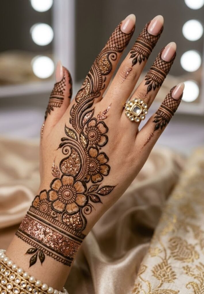 Glitter fusion mehndi design with trendy Arabic bridal style