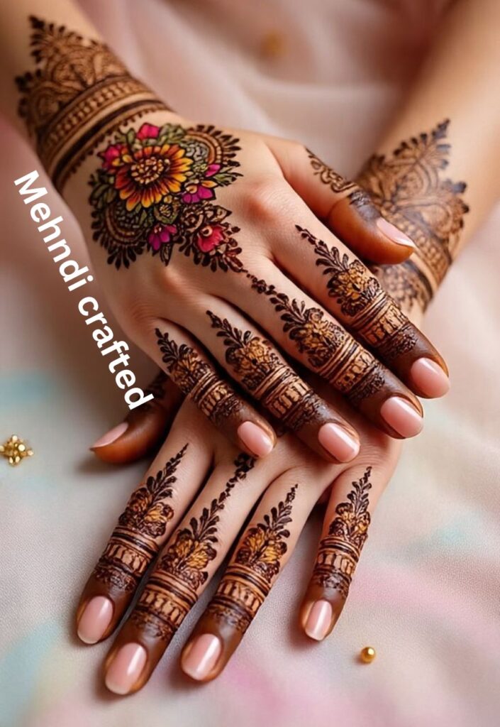 glitter inspired bold Eid mehndi design with dense fingertip filling and decorative floral patterns