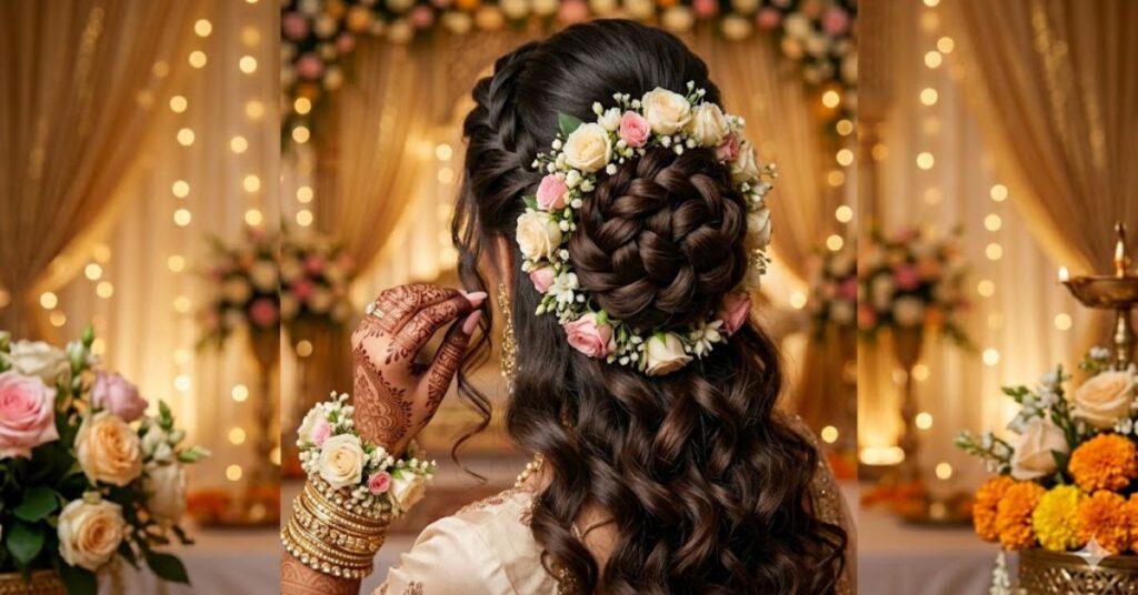 Bridal hairstyle matching mehndi look 2026 with floral accessories