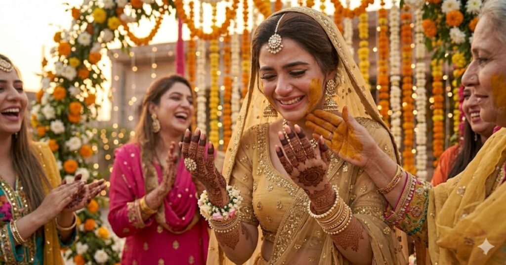Haldi and mehndi ceremony bridal joyful moment with traditional decor