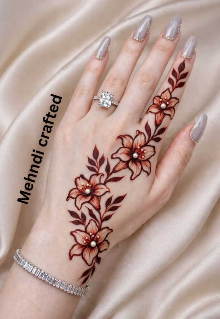 half hand Arabic cascade Eid mehndi design with flowing floral vines and paisley patterns