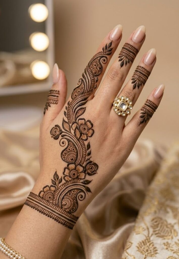 Half-hand Arabic mehndi trail with floral vine detailing