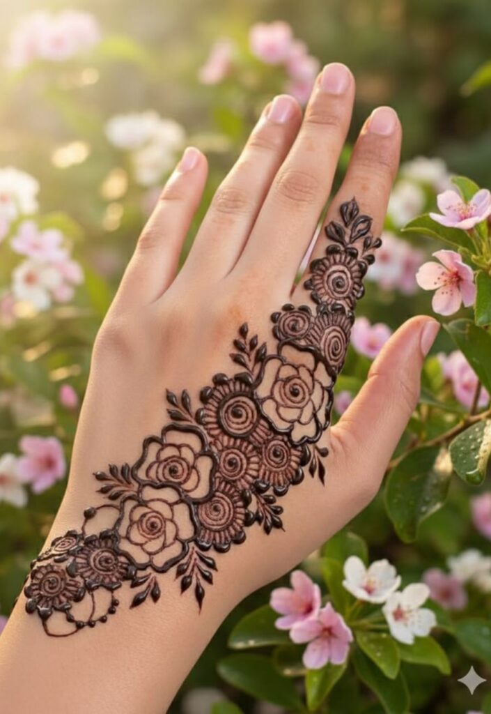 Half-hand Eid mehndi design featuring elegant henna patterns covering part of the hand with floral motifs, light shading, and festive traditional detailing.
