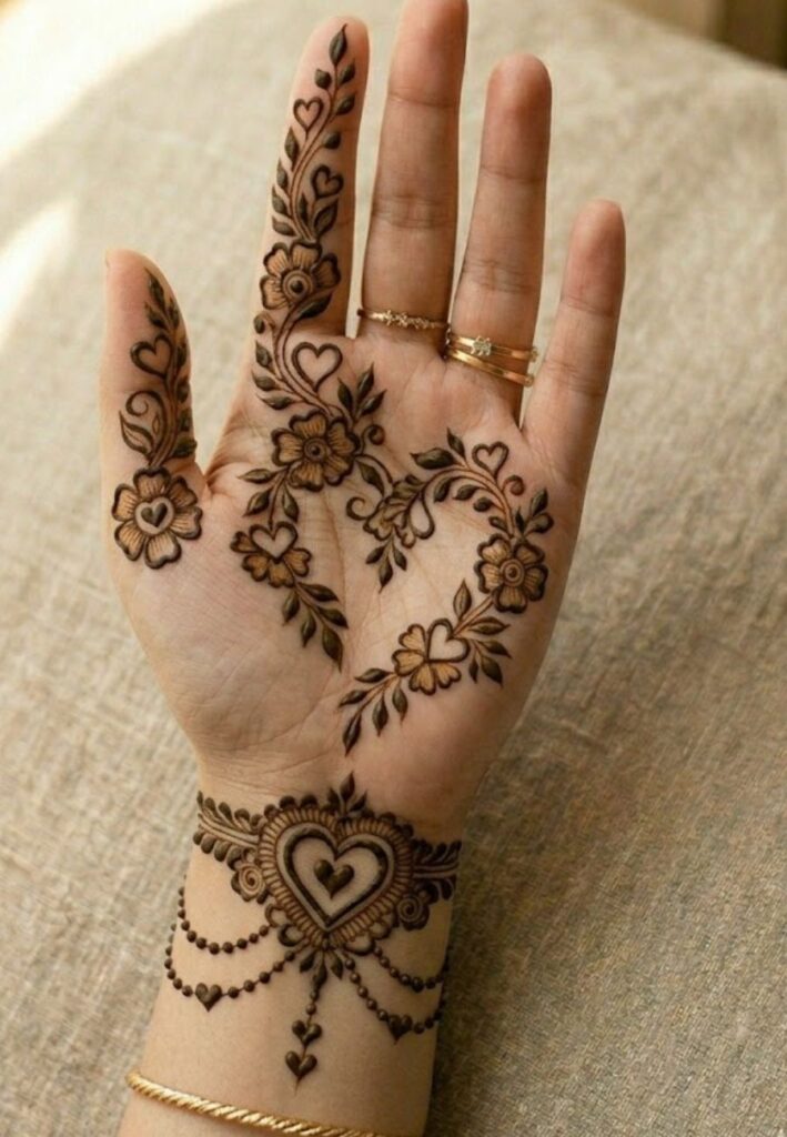 Heart mehndi design with floral front hand patterns