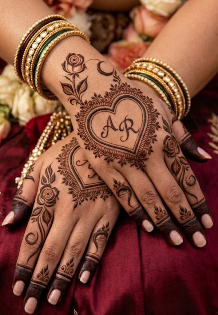 Heart motif couple mehndi design with romantic bridal details
