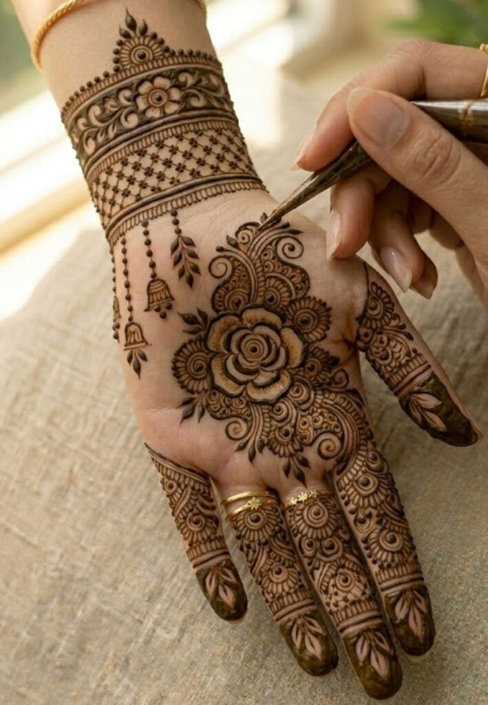 Applying easy mehendi design simple front hand with mehndi cone