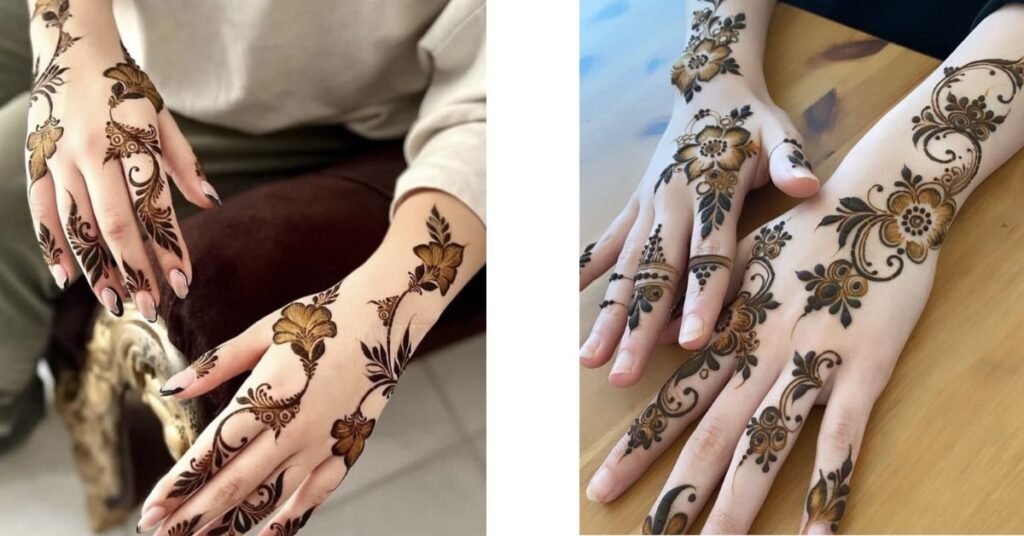 "Elegant fusion mehndi art, featuring a mix of striking Arabic motifs and detailed Indian henna patterns on female hands."