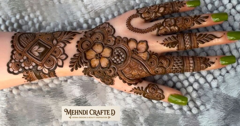 Indo-Arabic fusion Eid Mehndi Designs 2026 with floral vines and paisley patterns on both hands